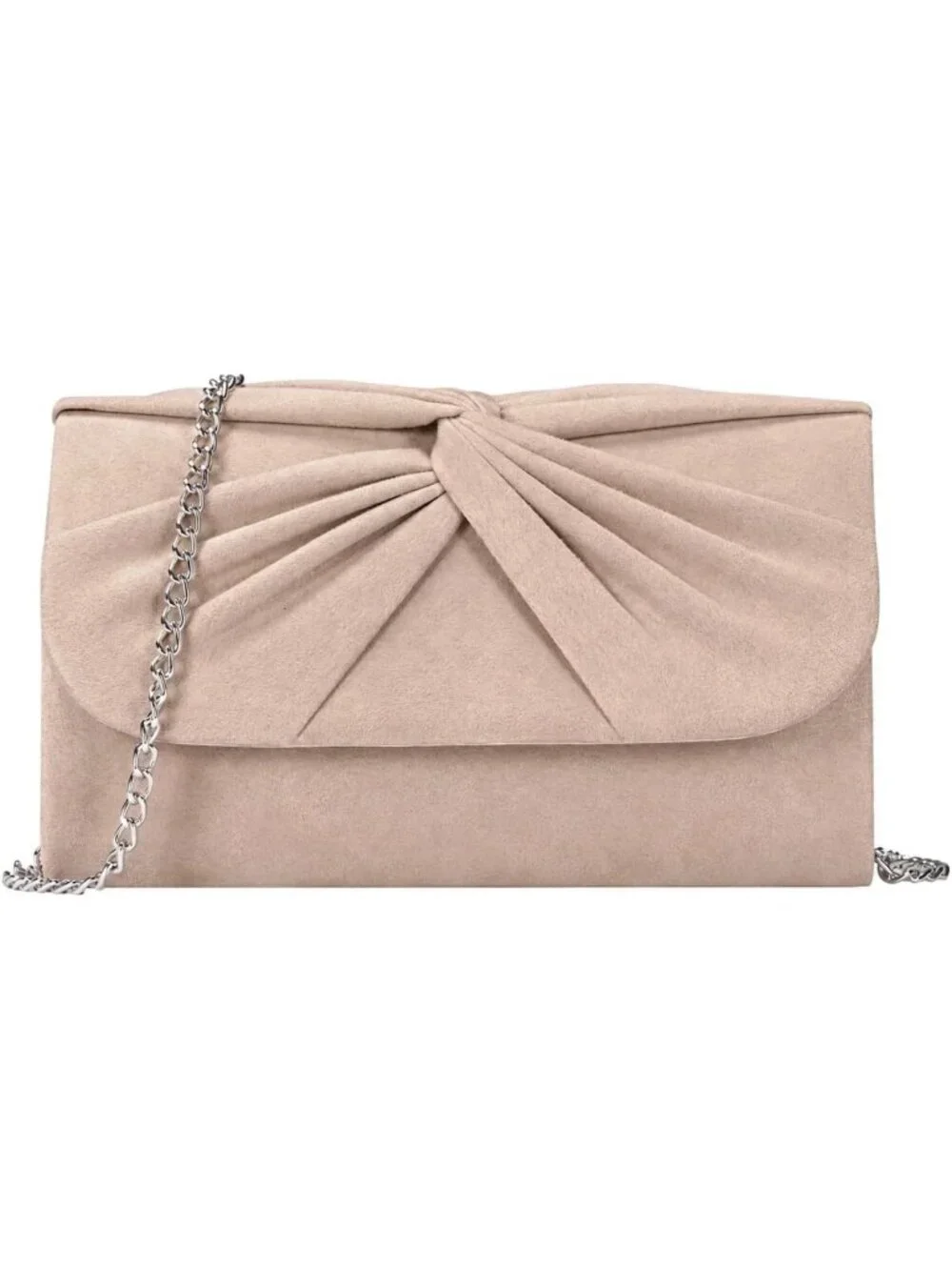 Women's Nude Faux Suede Pleated Bow Clutch Purse For With Strap Evening Bag
